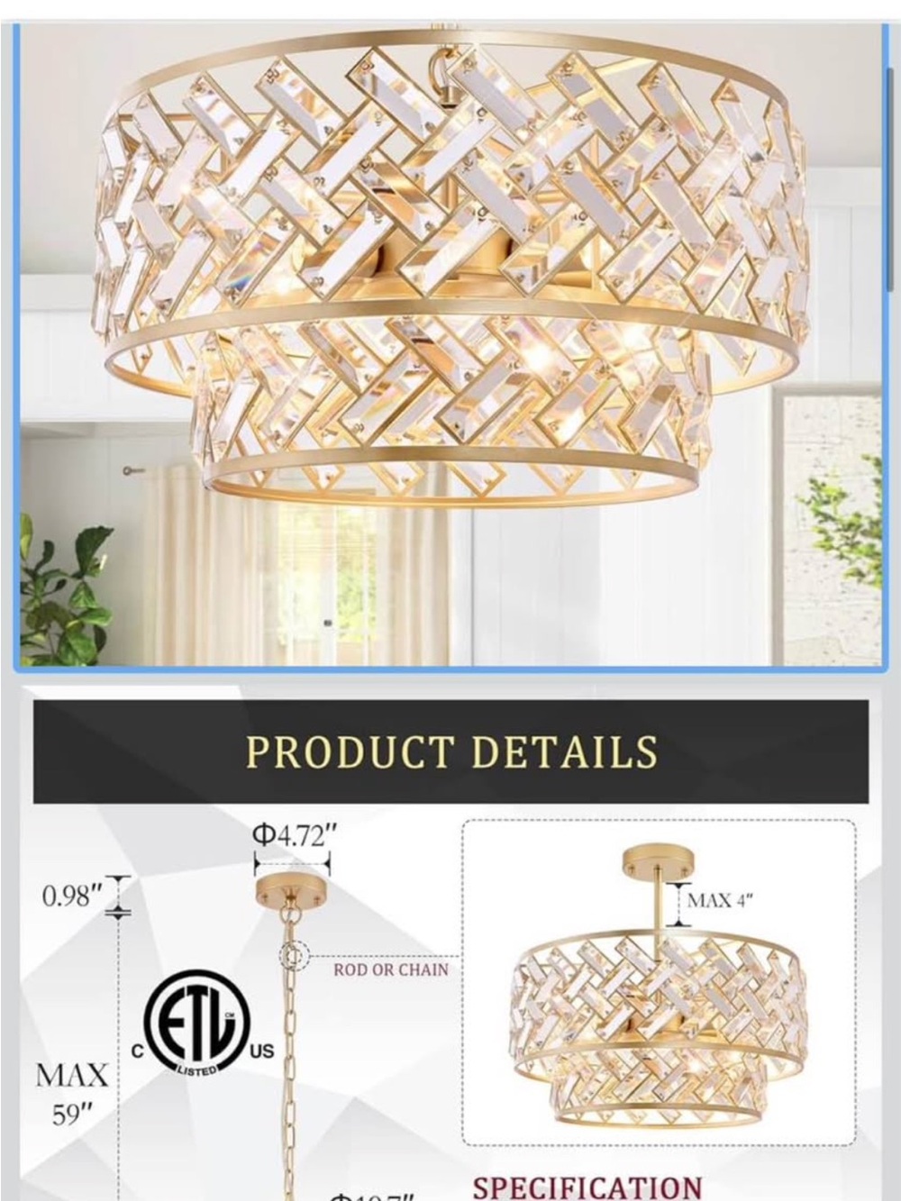 CATINER 20'' Modern Gold Crystal Chandelier Luxury Semi Flush Mount Ceiling Ligh